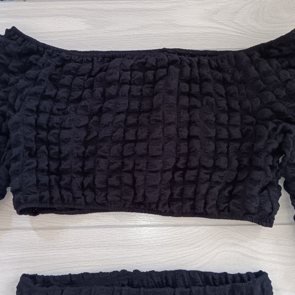 Plus Size Autumn Set One-Character Collar Solid Color Bubble Two-Piece Set - Picture 13 of 13